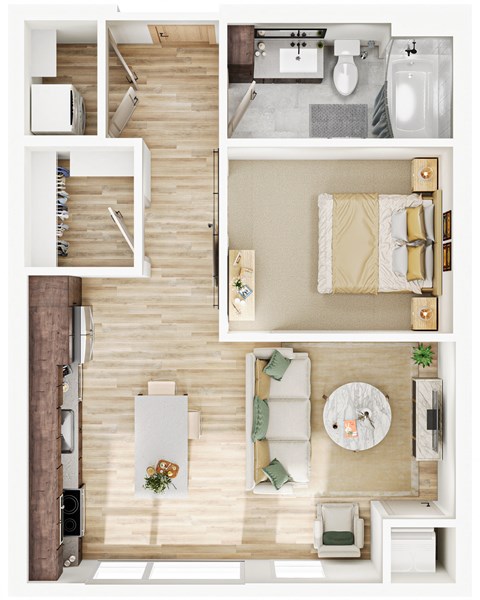 an overhead view of a bedroom with a bathroom and a living room at The Mera, Minnesota